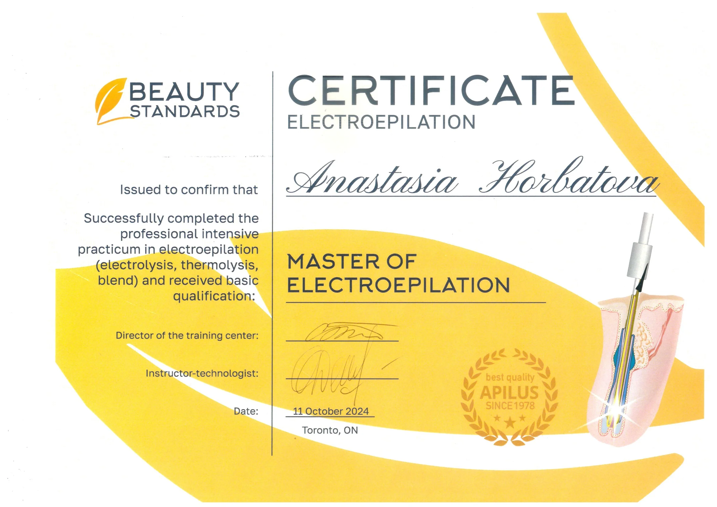Certificado — Máster en Electroepilación, Beauty Standards, Toronto, 11 de octubre de 2024