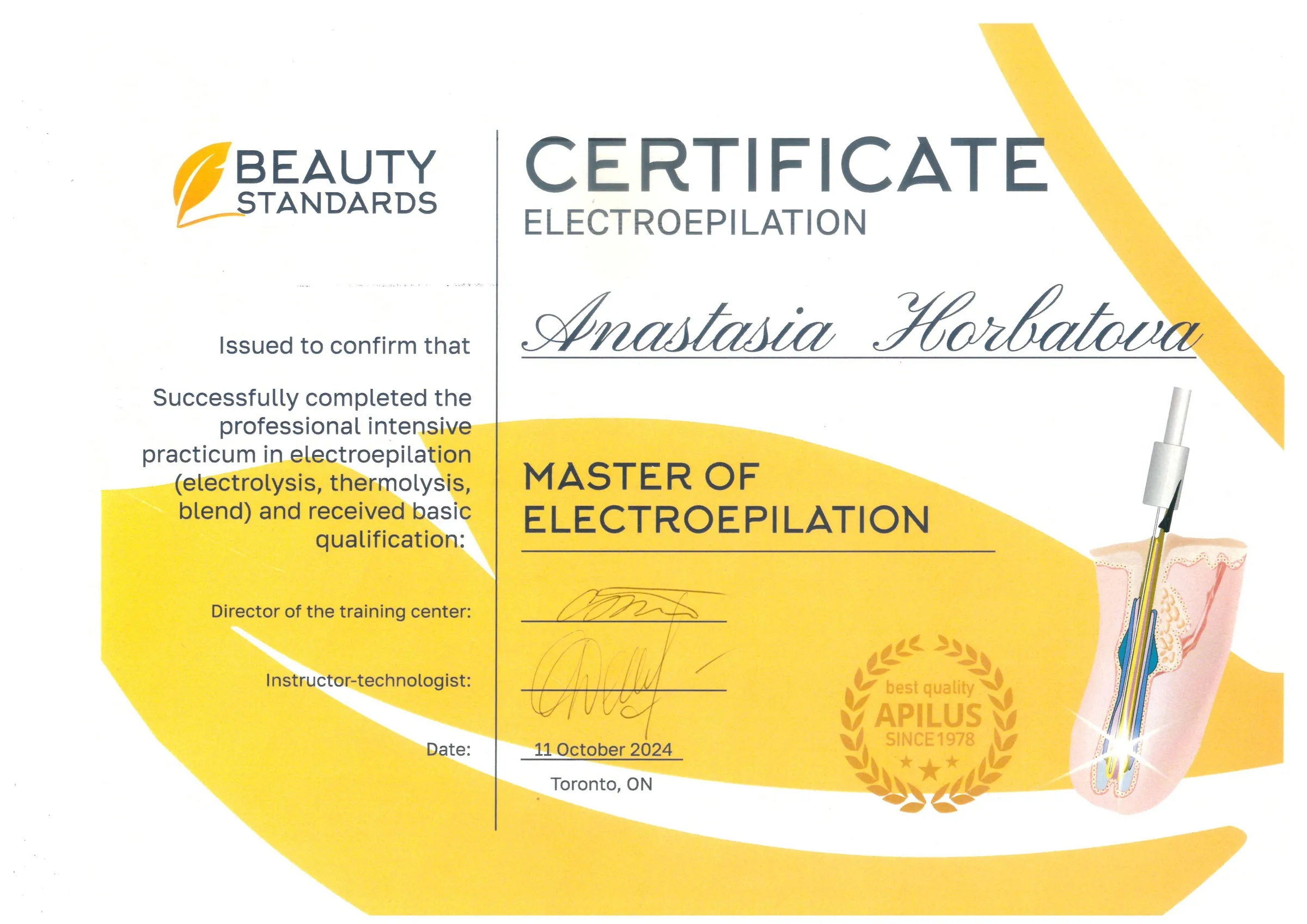 Certificado — Máster en Electroepilación, Beauty Standards, Toronto, 11 de octubre de 2024